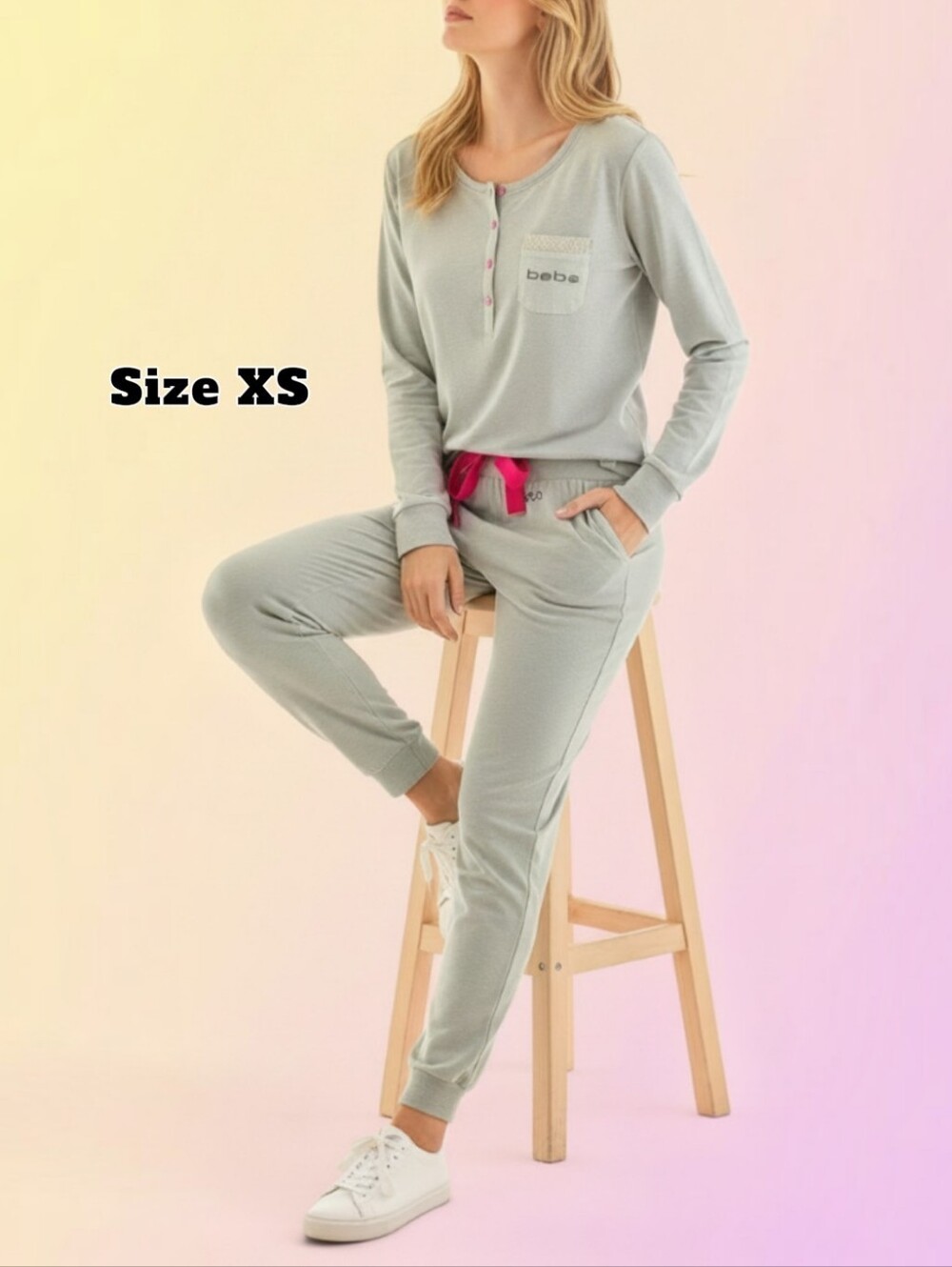 Bebe Henley Top, Matching Joggers w Side Lace Accent from Hip to Hem & Pockets